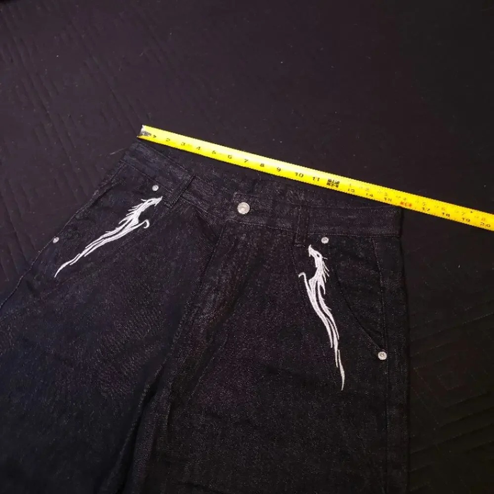 Embroidered Flame Raw Denim Jeans Dark Indigo Wide Leg W32 44in
